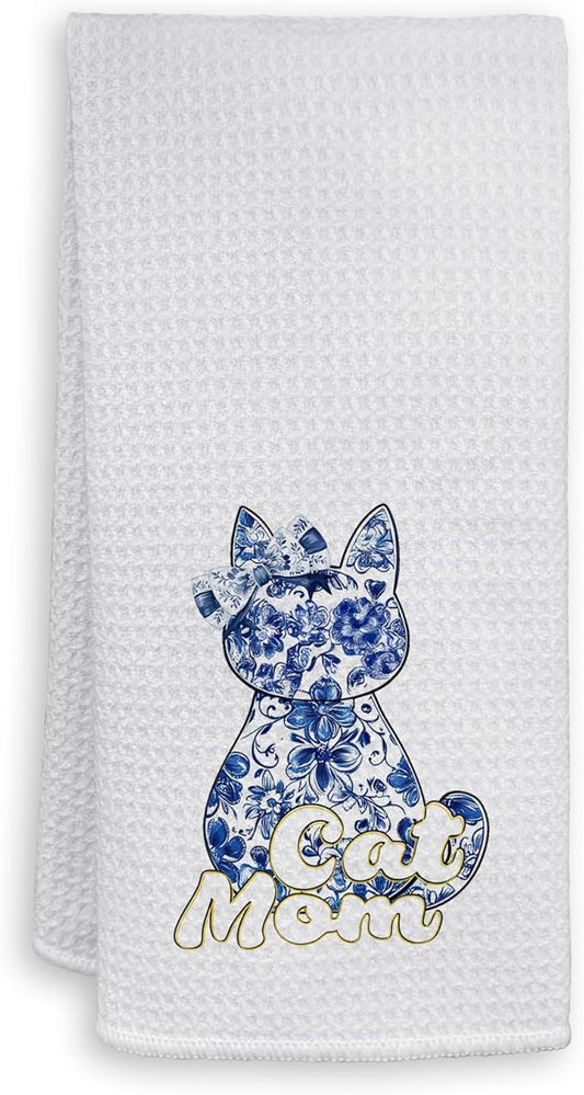 HIWX Cat Mom Kitchen Towels, Blue Chinoiserie Floral Kitty Decorative Kitchen Dish Towels, Cat Mom Lady Lovers Owners Gifts for Women Hand Towels for Bathroom Decor, 16x24 Inches