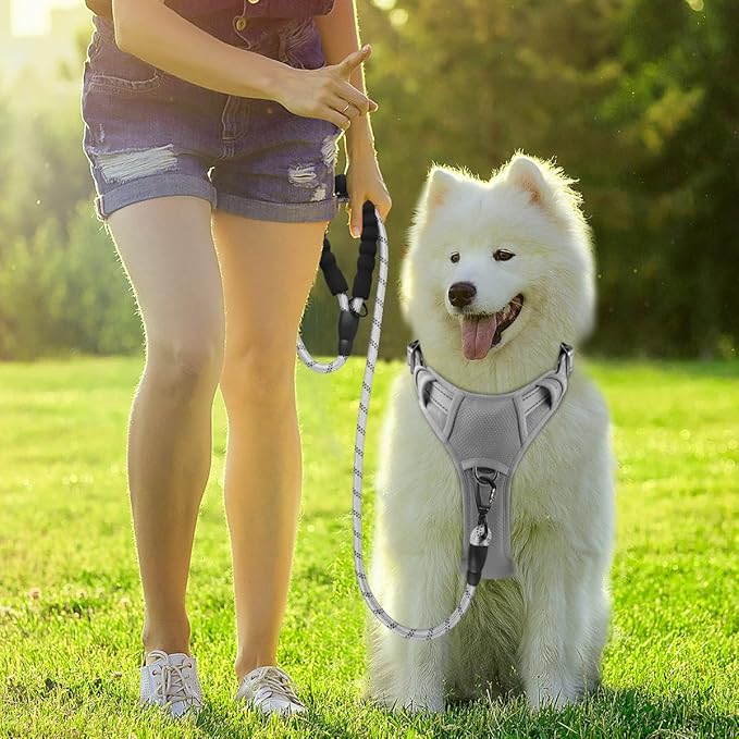 BARKBAY Dog Harness No Pull with ID Tag Pocket - Heavy Duty, Reflective, Easy Control for Large Dogs(Grey,L)