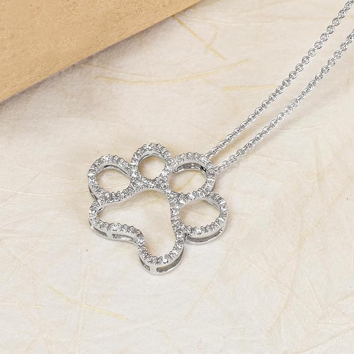 Jewelili Sterling Silver or Yellow Gold Plated Sterling Silver Dog Paw Pendant Necklace for Women | Treated Black or Natural White Round Diamonds | 18" Rolo Chain | Luxury Jewelry Gift for Her | Gift Box Included