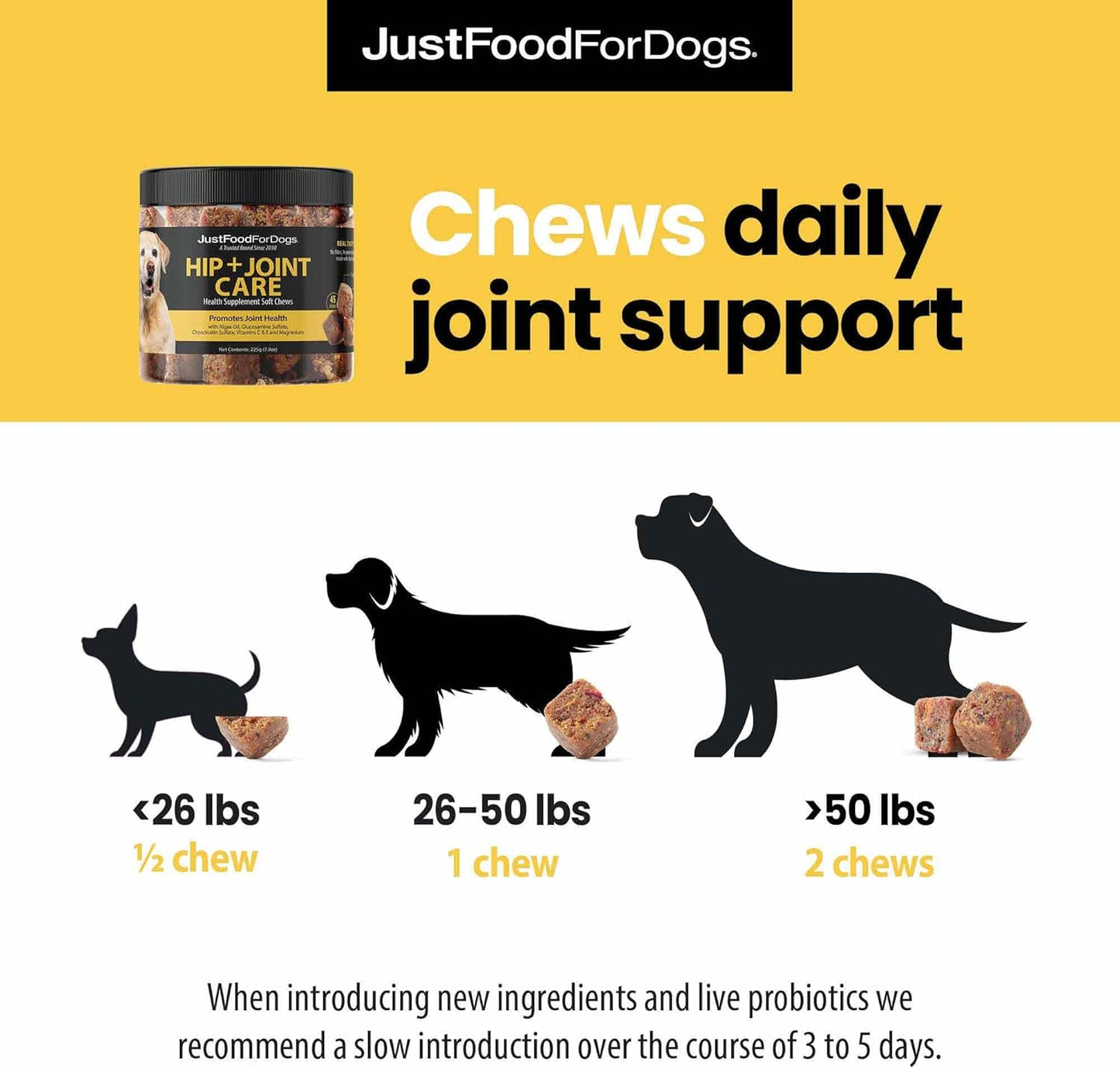 JustFoodForDogs Hip + Joint Soft Chews Mobility Supplement for Dogs with Glucosamine and Chondroitin, Superfood Blend, Human Grade, Plant-Based - 45 Count