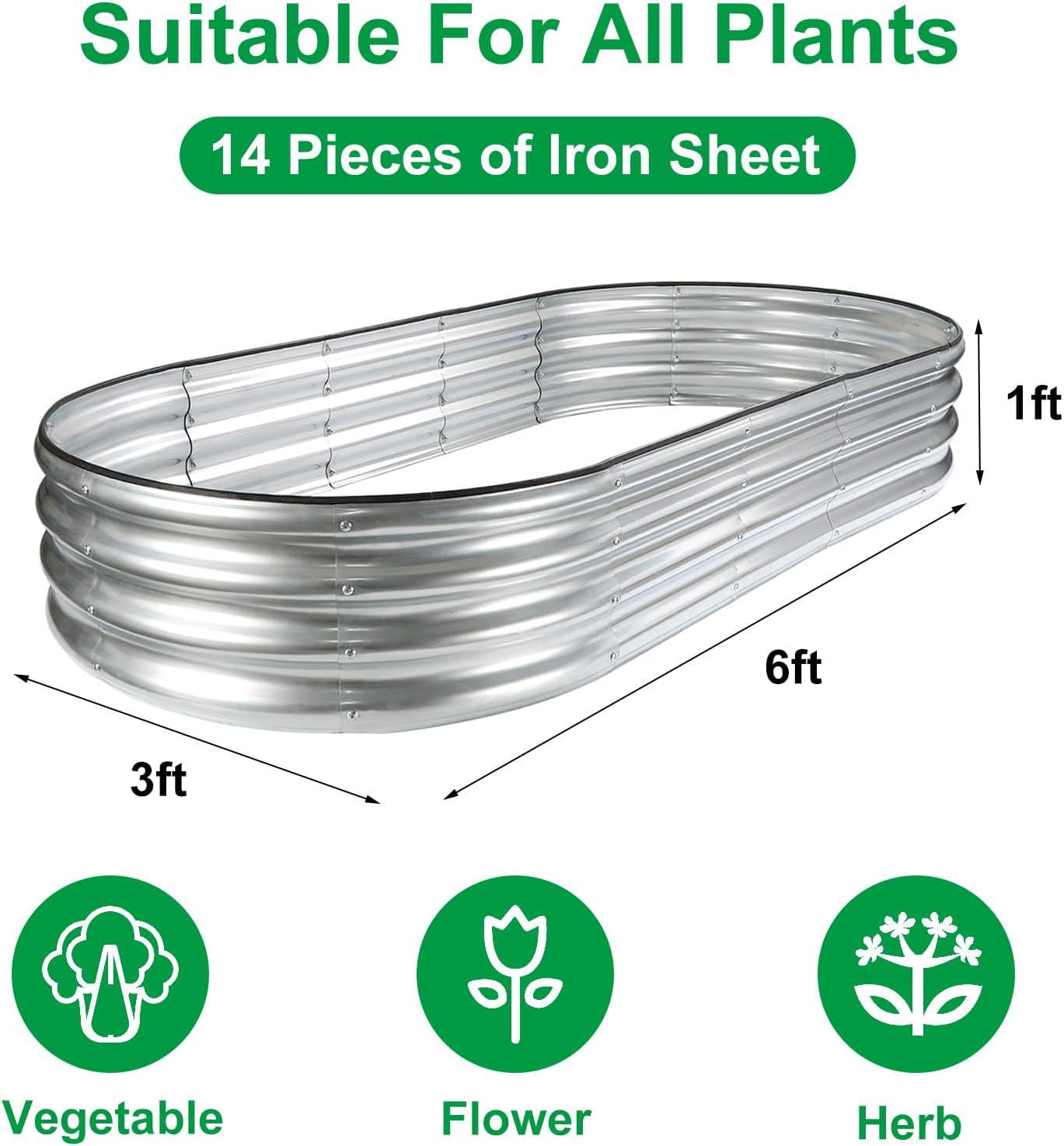 JERIA 2 Pcs 6×3×1ft Oval Raised Garden Bed,Galvanized Raised Garden Bed Kit Outdoor Metal Gardening Planter Box for Vegetable, Fruits, Flower,Herbs