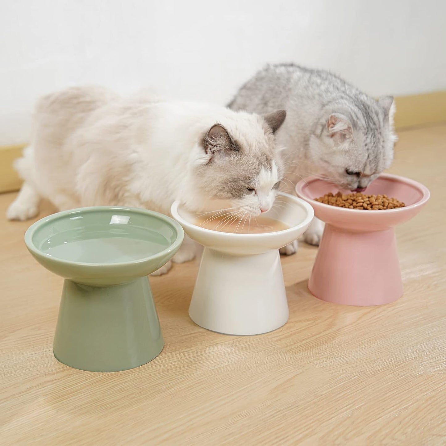 Extra Wide Elevated Ceramic Cat Food Bowl - 6.2" Shallow Dish for Whisker Fatigue Relief, 5" Height for Easy Feeding, Lead & Cadmium Free, Durable Raised Cat Food Bowls, Pink