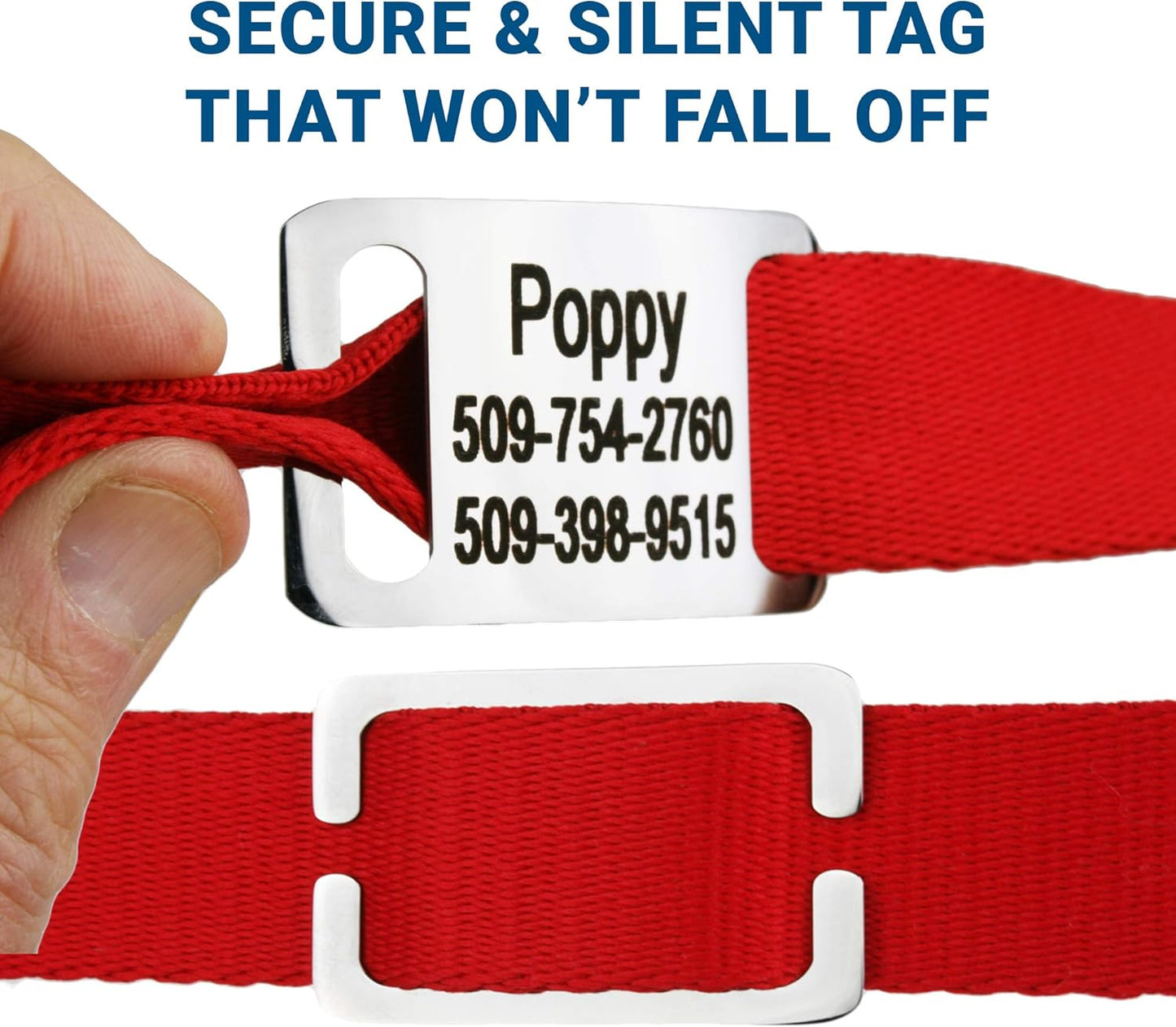 GoTags Personalized Dog Collar with Nameplate, Adjustable Dog Collar with Custom Engraved Slide On Pet ID Tag in Stainless Steel, Silent, No Noise Dog Tag for Large Medium and Small (Red, Small)