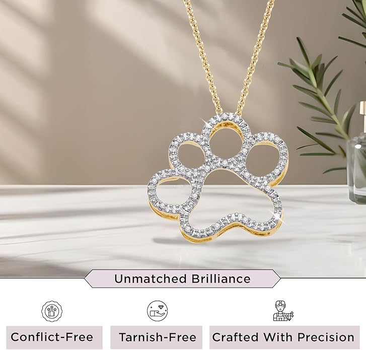 Jewelili Sterling Silver or Yellow Gold Plated Sterling Silver Dog Paw Pendant Necklace for Women | Treated Black or Natural White Round Diamonds | 18" Rolo Chain | Luxury Jewelry Gift for Her | Gift Box Included