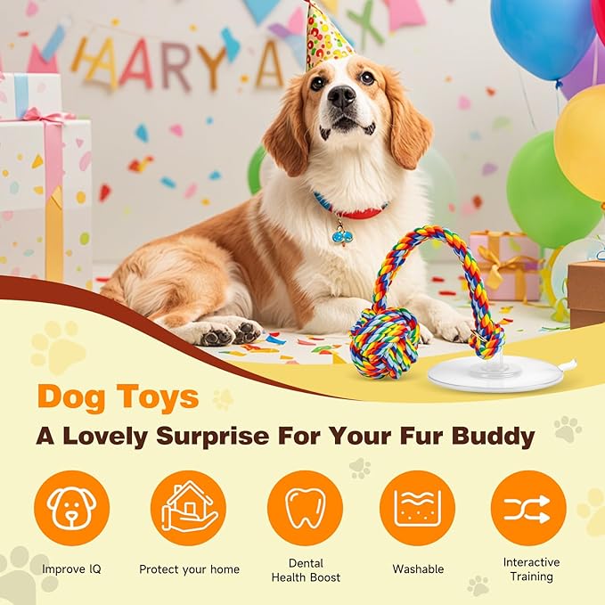 Interactive Tug Toy with Sticky Suction Cups, Durable Rope & Rainbow Chew Ball, Indestructible Enrichment Puzzle, Built for Aggressive and Busy Chewers,Toy for Small to Medium Dogs