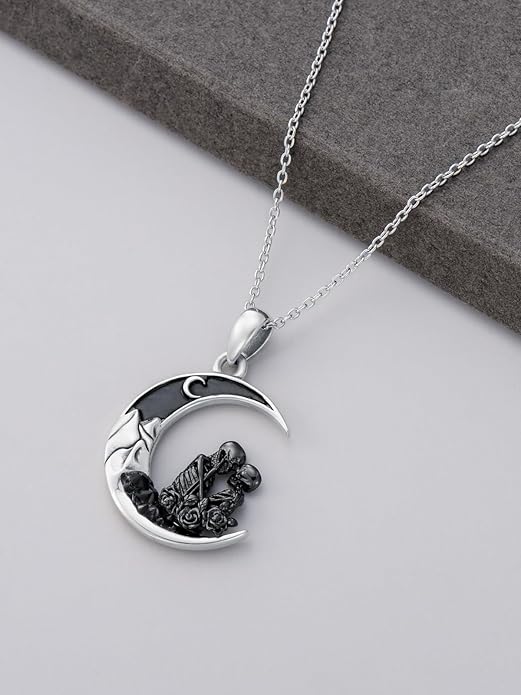 Gothic Jewelry Bat/Cat/Wolf/Dragon/Owl/Fox/Spider/Sun Pendant Sterling Silver Crescent Moon Necklace for Women Girls Black Jewelry Gifts