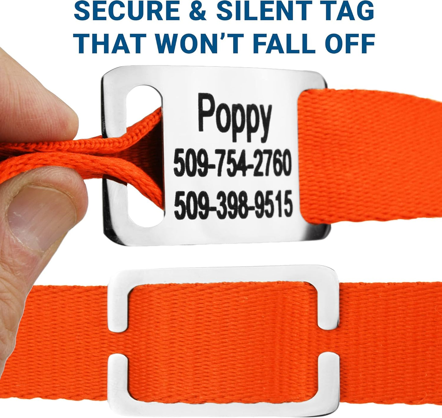 GoTags Personalized Dog Collar with Nameplate, Adjustable Dog Collar with Custom Engraved Slide On Pet ID Tag in Stainless Steel, Silent, No Noise Dog Tag for Large Medium and Small (Orange, X-Small)