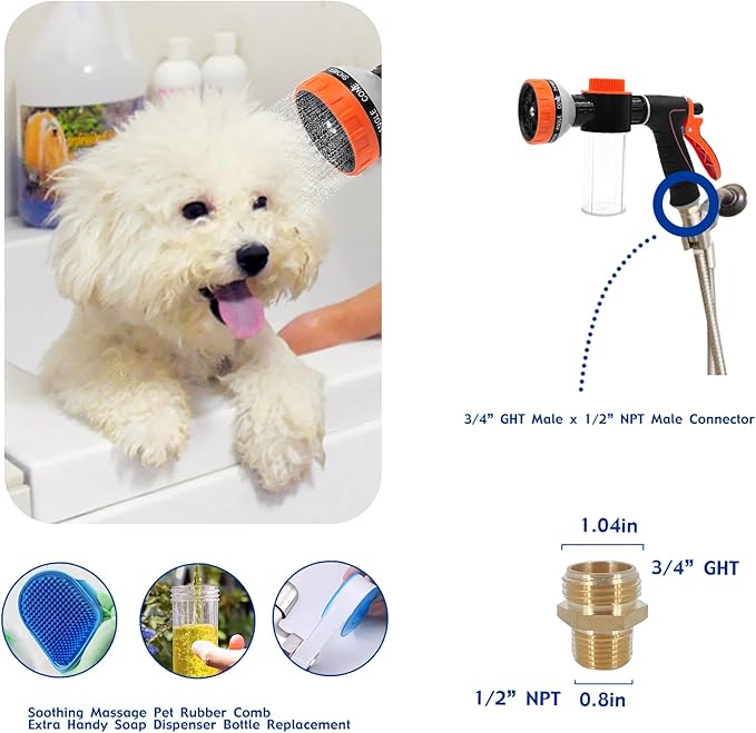 Pet Dog Wash Sprayer Shampoo & Soap Dispenser, Hose Nozzle for Indoor/Outdoor Use with 3/4' GHT Male x 1/2' NPT Male Connector, Dog Wash Hose Attachment for Pet Bathing, Watering, Car Washing