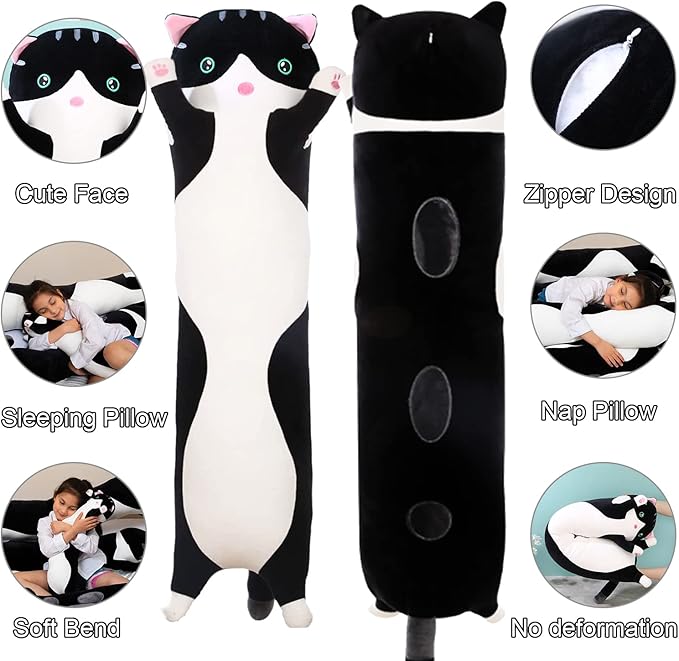 Giant Cat Pillow Plush Cartoon Kitty Sleeping Hugging Pillow, Cuddly Soft Long Kitten Body Pillow Doll Cat Cushion Toy for Kids Girlfriend (Black, 110cm/43.3inch)
