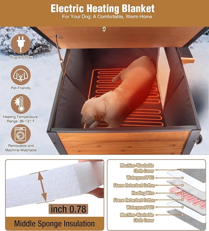 GUTINNEEN Heated Dog House Outdoor with Electric Heating Pad, Insulated Wooden Dog Kennel with 360Β° Rotating Feeding Bowl, Anti-Chewing Metal Frame, Natural Wood Color