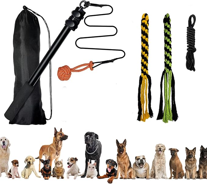 Flirt Pole for Dogs,Collapsible Extendable Dog Teaser Wand with Plush Squeaky Toy、Chase Rope, Ball Toy, Agility Training Equipment Playing Exercise Tools for Small Medium Large Dogs