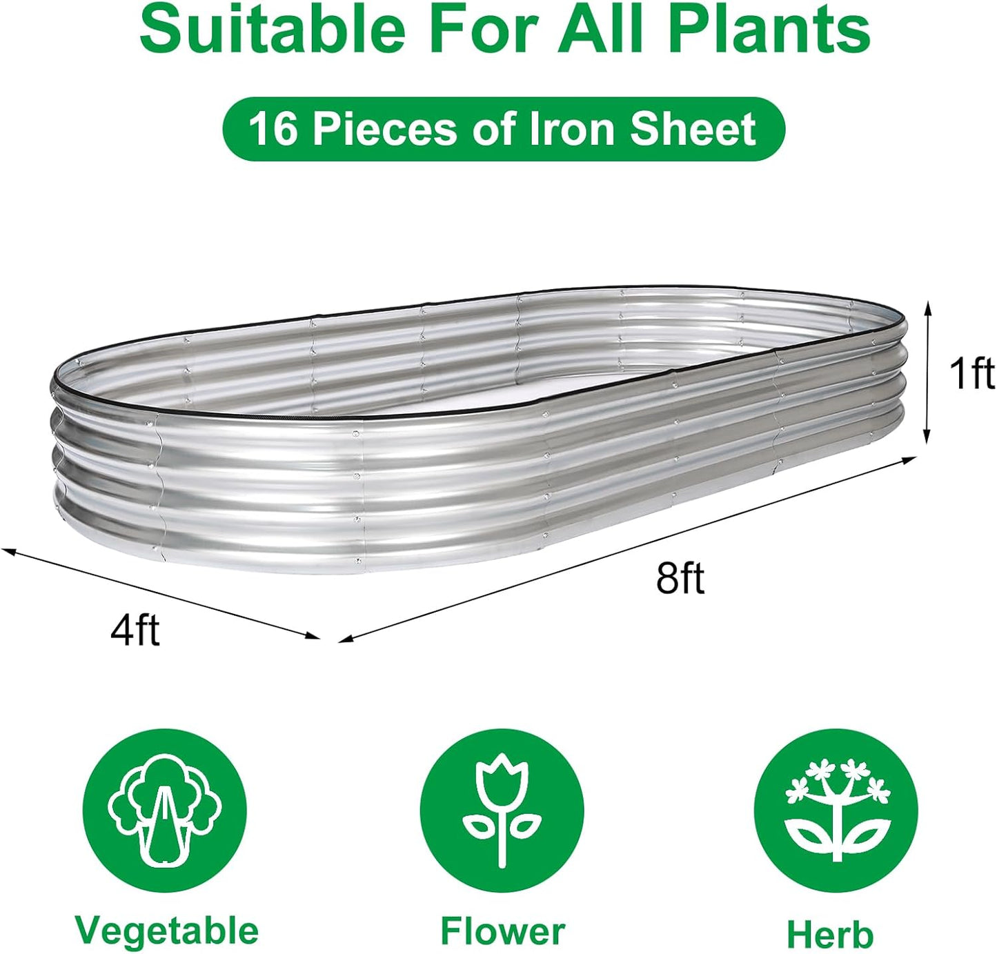 JERIA 2 Pcs 8×4×1ft Oval Raised Garden Bed,Galvanized Raised Garden Bed Kit Outdoor Metal Gardening Planter Box for Vegetable, Fruits, Flower,Herbs