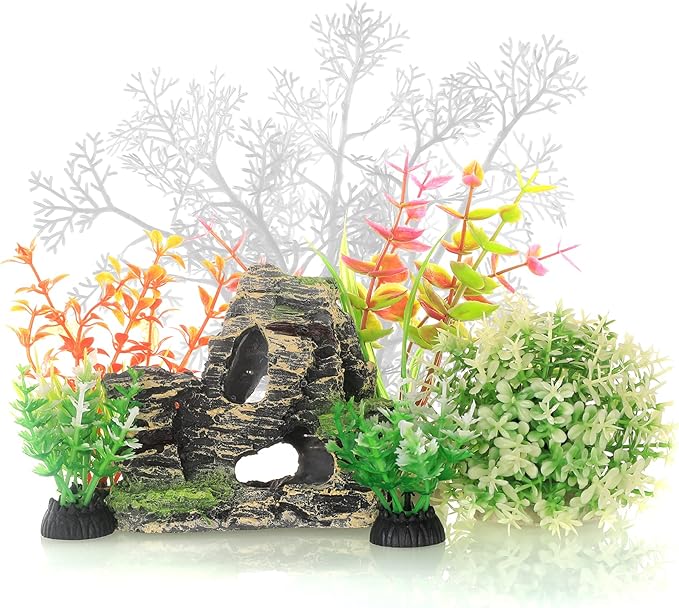JIH Aquarium Fish Tank White Plastic Plants and Cave Rock Decorations Decor Set 7 Pieces, Small and Large Artificial Fish Tank Plants with Cave Rock (CU89White-7)