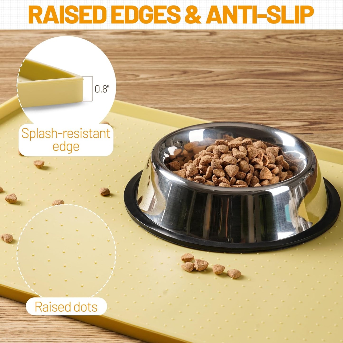 Hubulk Dog Feeding Mat,100% Waterproof Food Grade Silicone Pet Food and Water Bowl Placemat,Dishwasher, High Raised Edge to Prevent Spills,Nonslip Tray to Stop Messes on Floor(28"x18"x0.8", Yellow)