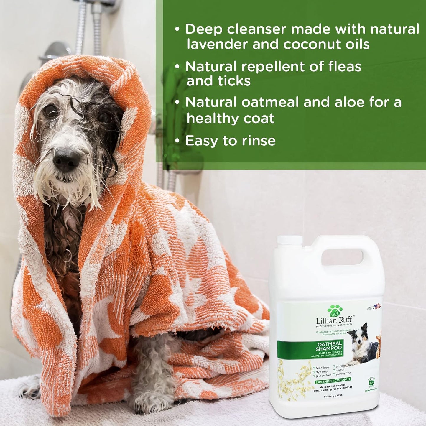 Lillian Ruff Calming Oatmeal Pet Shampoo for Dry Skin & Itch Relief with Aloe & Hydrating Essential Oils - Replenish Moisture & Deodorize - Tearless Dog Shampoo for Normal/Sensitive Skin (Gallon)
