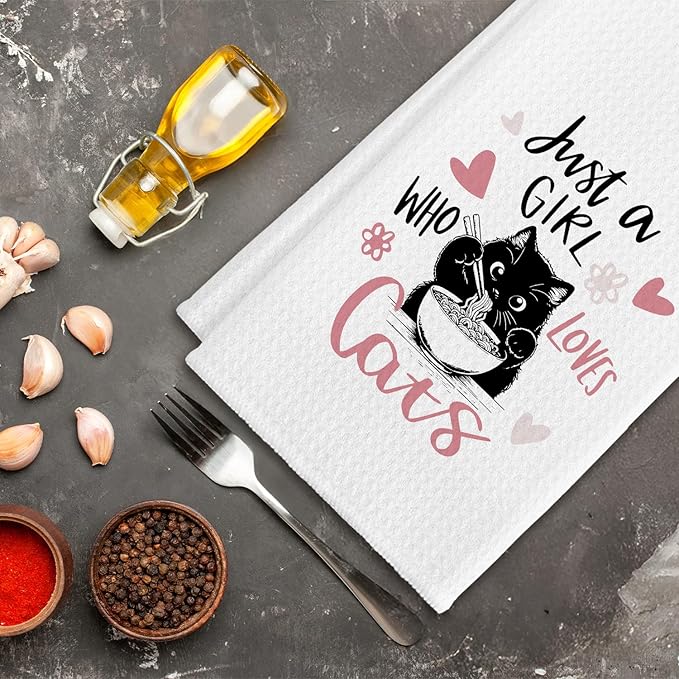 Just a Girl Who Loves Cats Kitchen Towels, Black Kitty Hand Towels, Black Cat Lovers Mom Lady Owners Gifts for Kitchen Decor Soft Dish Cloth for Women, 16x24 Inches