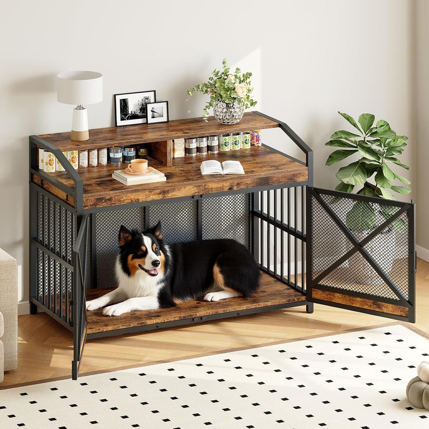 HOOBRO 43.3" Dog Crate Furniture, Heavy Duty Dog Kennel Indoor with Storage Shelves, Wooden Dog Cage with LED Lights, for Medium Large Breed, Rustic Brown and Black BF89DGW03