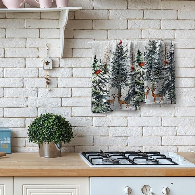 Giwawa Pine Tree Hand Towels Set of 2 Forest Deer Kitchen Bathroom Towels Soft Absorbent Fingertip Tea Bar Dish Towel for Hotel Spa Gym Decor