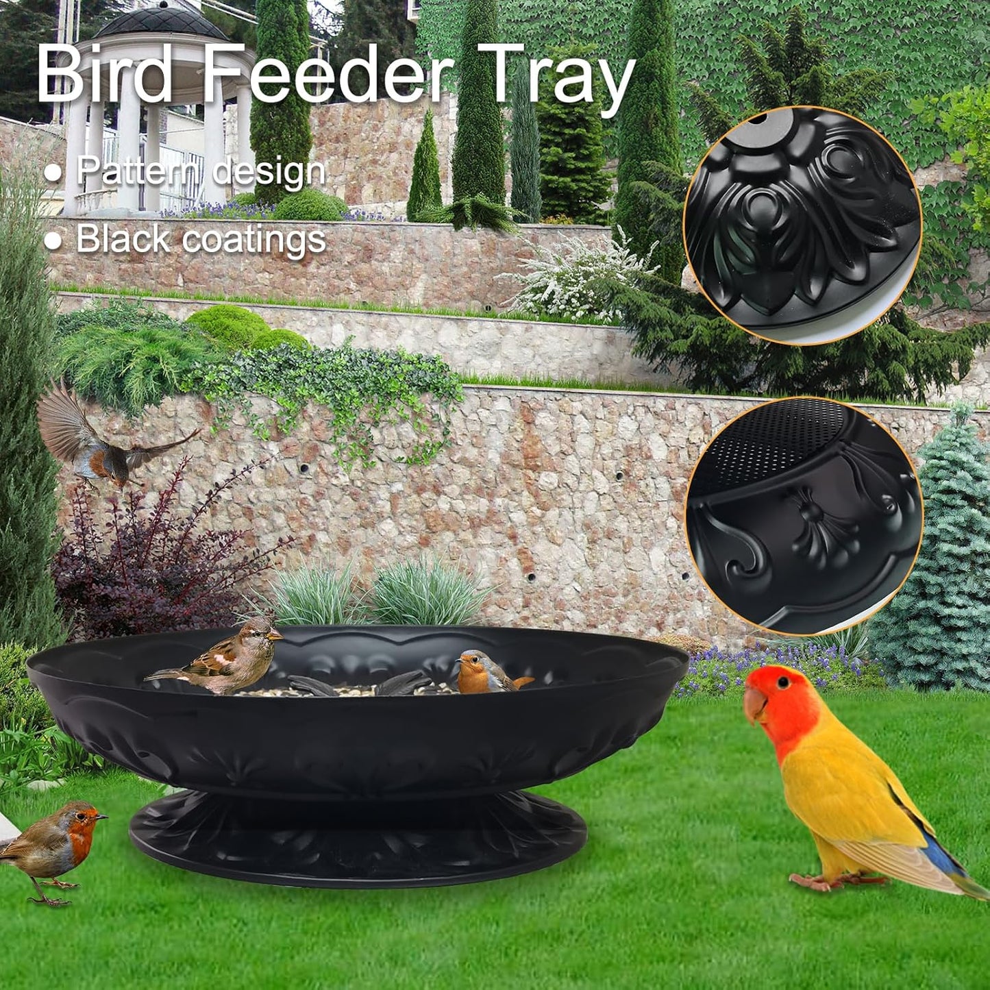 Ground Platform Bird Feeder Tray,11” Metal Large Standing Bird Feeder Mesh Seed Tray,for Outdoor Garden (Black-2 Pack)