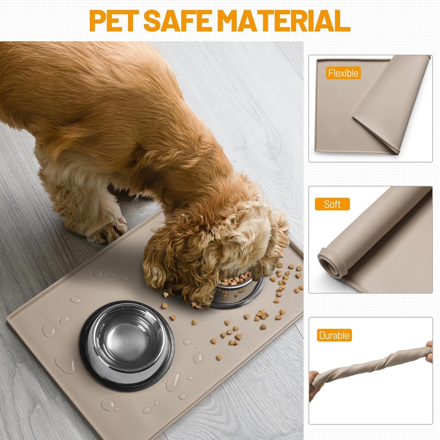 Hubulk Dog Feeding Mat,100% Waterproof Food Grade Silicone Pet Food and Water Bowl Placemat,Dishwasher, High Raised Edge to Prevent Spills,Nonslip Tray to Stop Messes on Floor(24"x16"x0.5", Taupe)