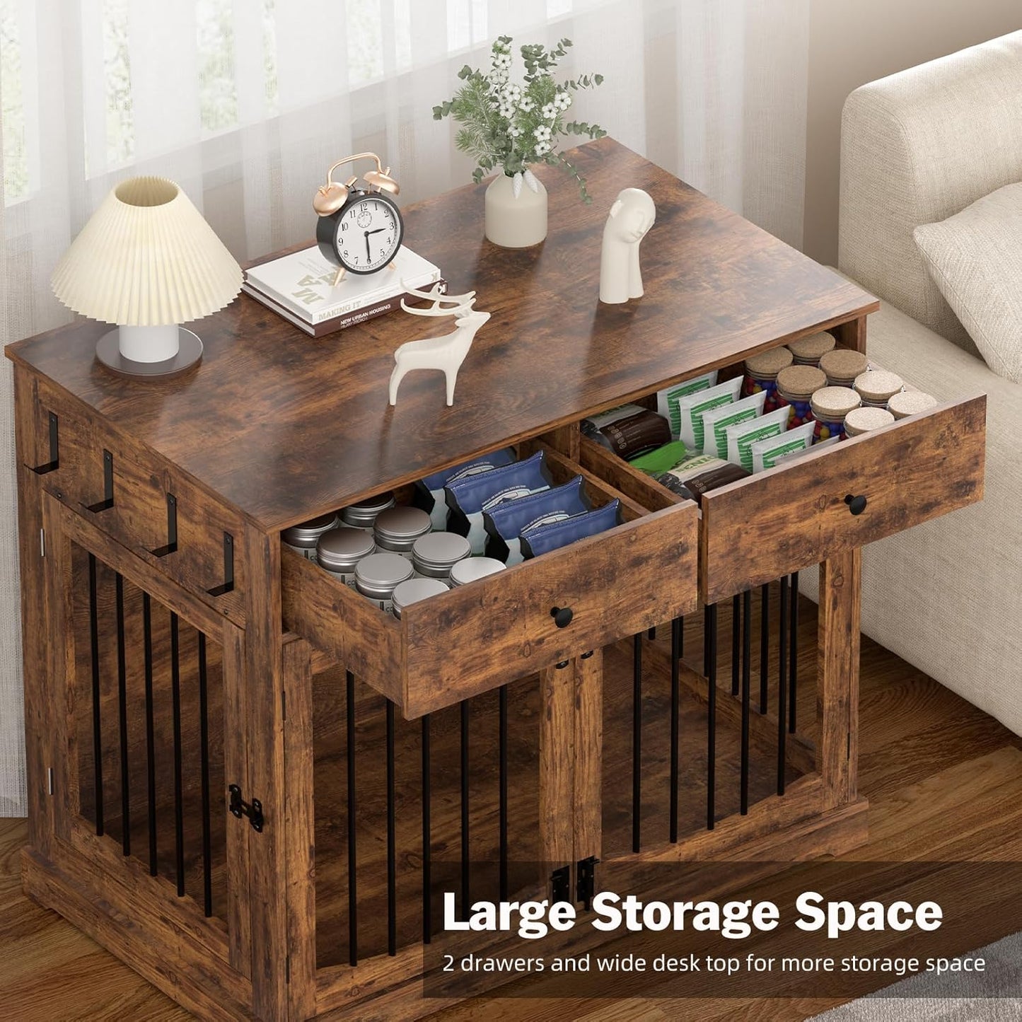 40 Inch Furniture-Style Dog Crate-Multipurpose Wood Pet Crate Furniture with Double Doors,2 Drawers, Decorative Dog House Indoor for Smal/Medium Dogs, Brown Finish