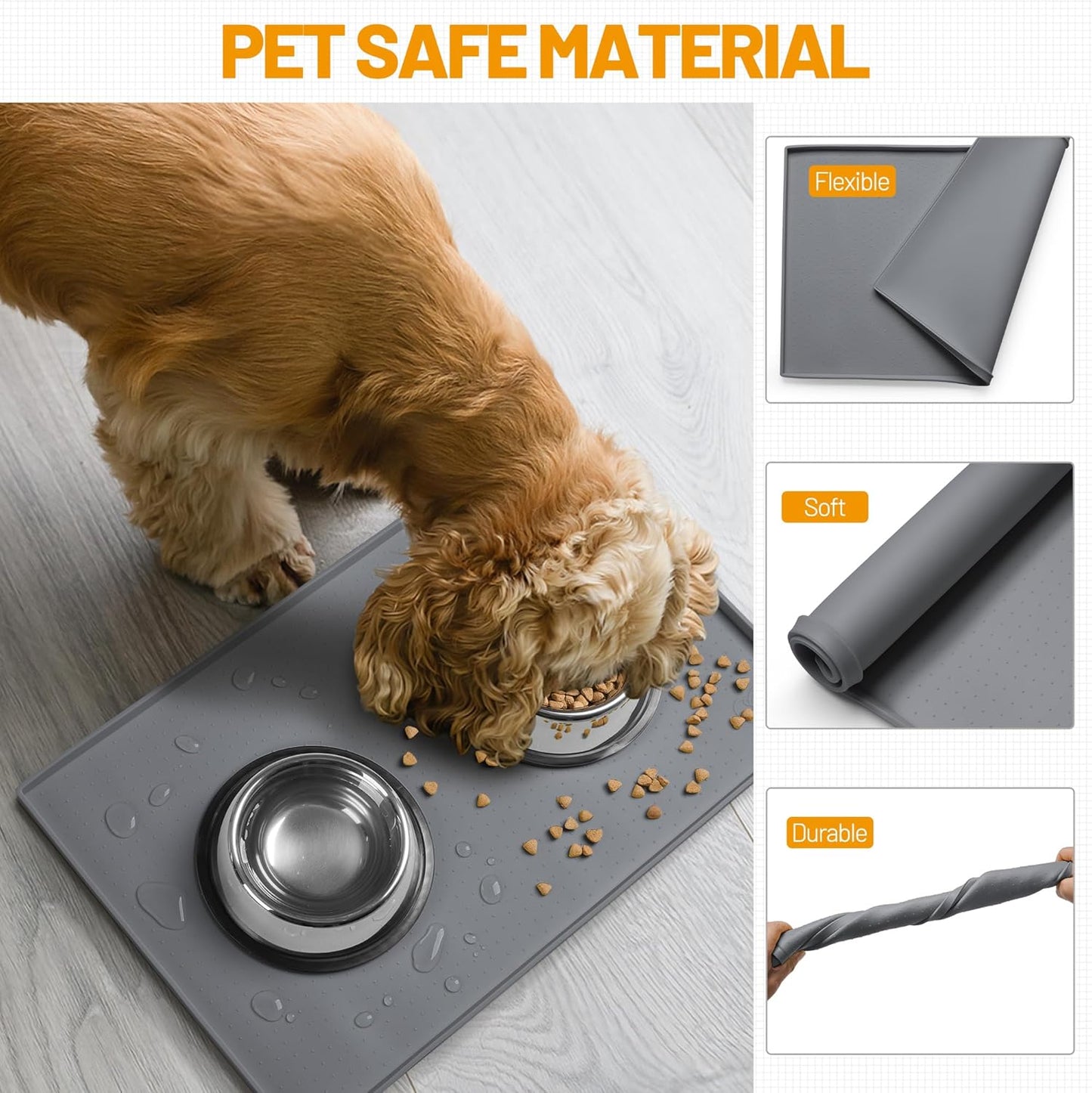 Hubulk Dog Feeding Mat,100% Waterproof Food Grade Silicone Pet Food and Water Bowl Placemat,Dishwasher, High Raised Edge to Prevent Spills,Nonslip Tray to Stop Messes on Floor(28"x18"x0.8", Grey)