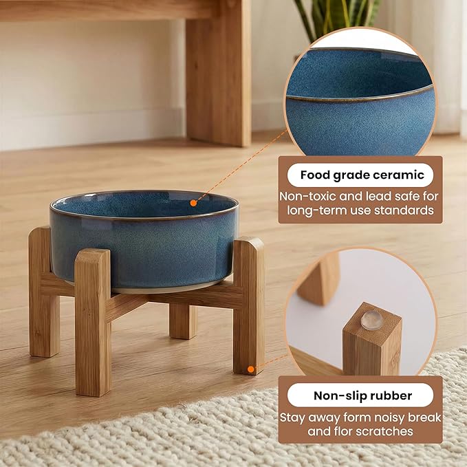 hjn Elevated Ceramic Dog Bowl with Bamboo Stand, Raised Pet Feeding Station for Small Medium Dogs Cats, Modern Design with Anti-Slip Base (Deep Blue, 3.6Cup)