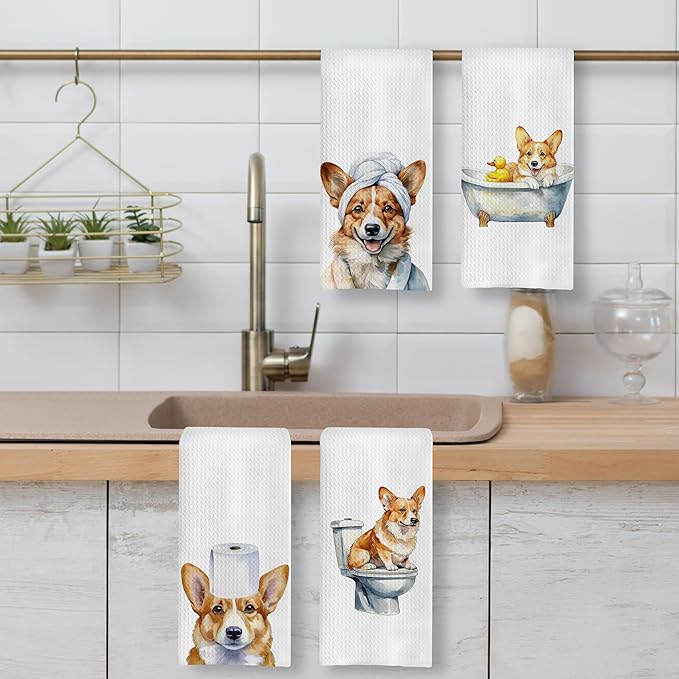 Funny Corgi Bathroom Hand Towels, Corgi Gifts for Women Dog Lovers Decorative Hand Towels for Bathroom, Funny Corgis Puppy Dog Kitchen Towels, 16x24 Inch Set of 4
