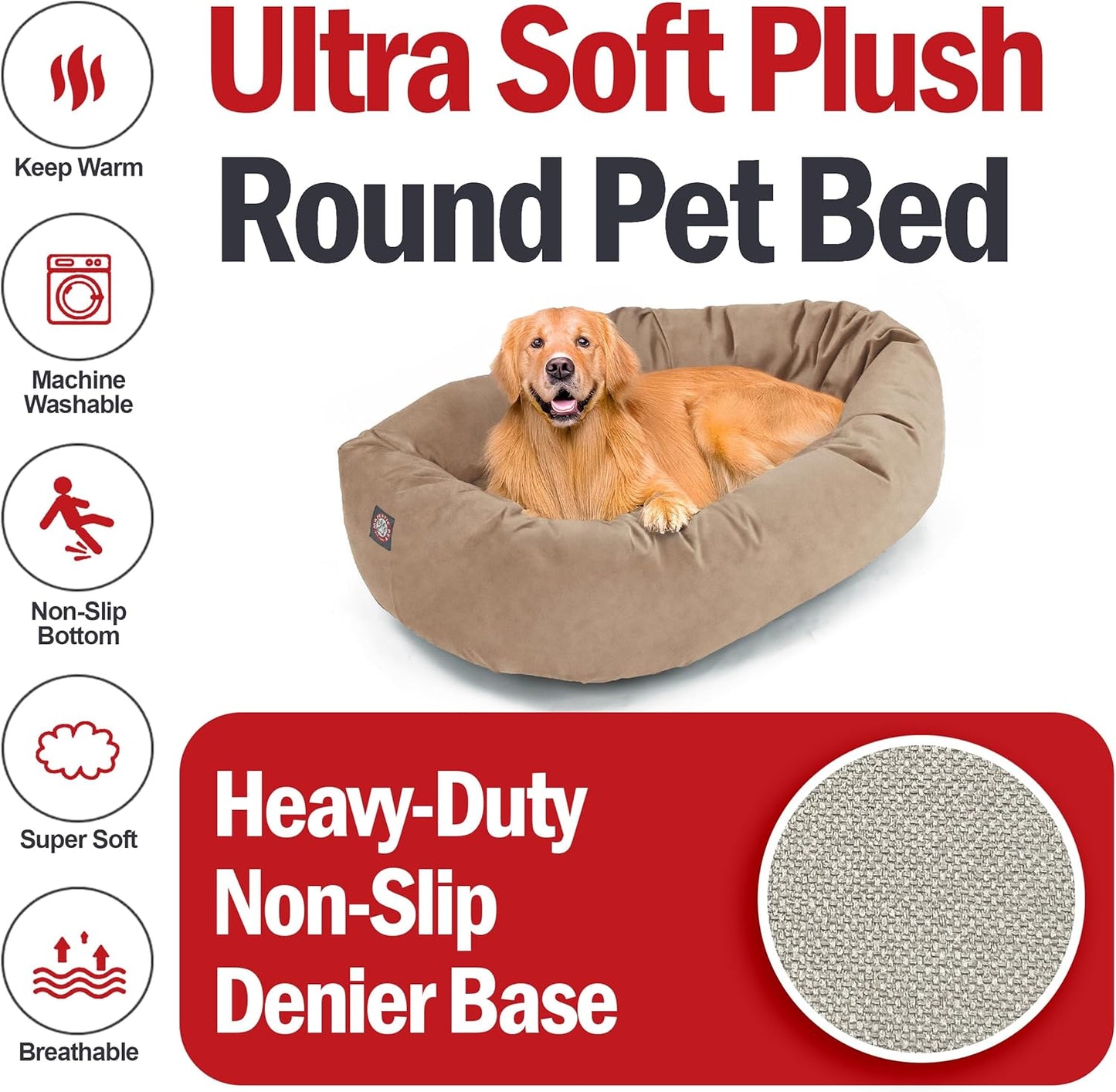 Majestic Pet 40 Inch Suede Calming Dog Bed Washable 40x29x9 (Inch) – Cozy Soft Round Donut Dog Bed with Spine Support for Dogs to Rest Their Head - Pet Bed Large – Stone (2025)