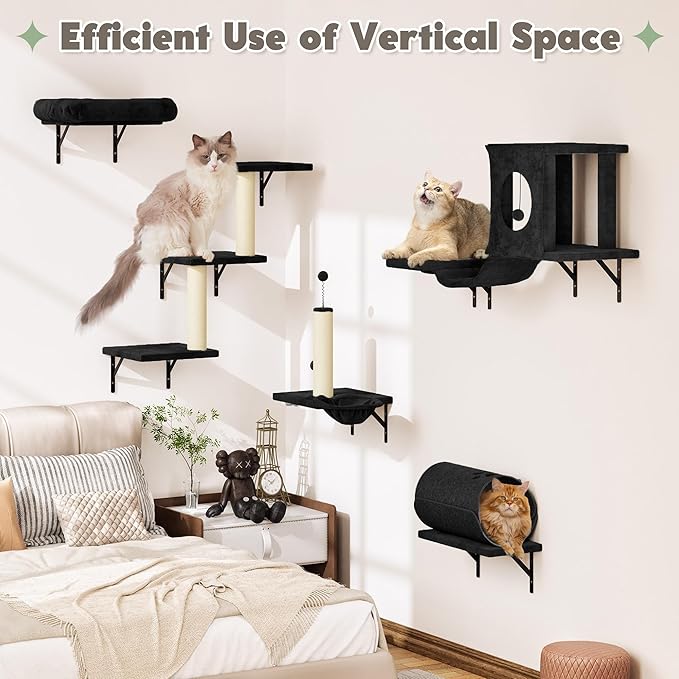 NUNU LAB 7-in-1 Cat Wall Shelves, Wall Mounted Cat Climber Set, Cat Furniture with House, Tunnel, Bridge, Steps, Scratcher, Hammock, Shelves for Indoor, Dark Black