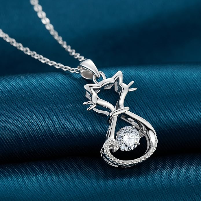 jiamiaoi 18K White Gold Plated Cat Necklace 925 Sterling Silver Diamond Cat Necklace Silver Cat On Moon Necklace for Women Gift for Birthday/Christmas, Come with Gift Box