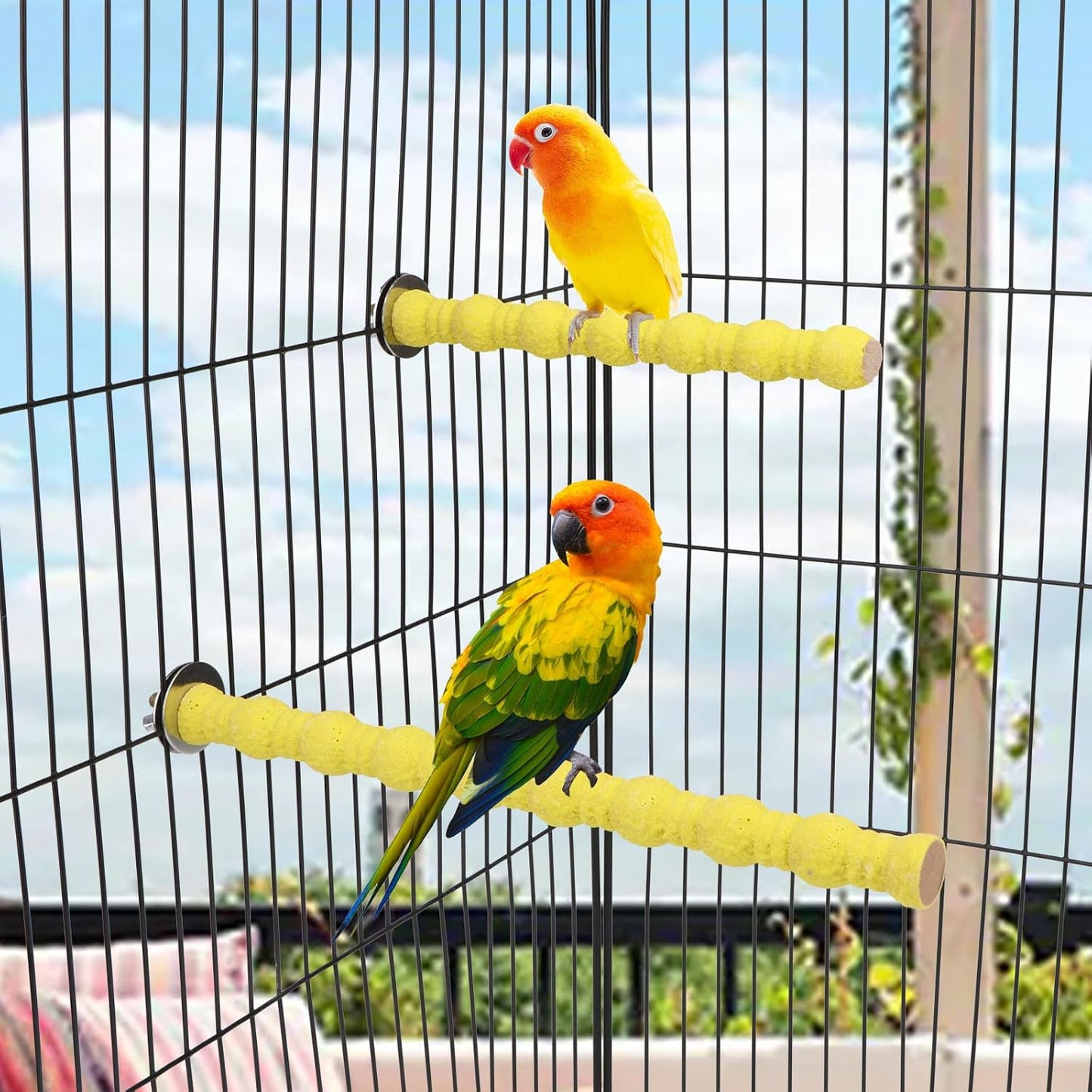 Hypeety 2PCS Wood Perch Stand Paw Grinding Stick Toy Pet Bird Cage Stand Platform for Bird Parrot Budgies Parakeet Cockatiels Cage Accessories (7in/10in) (Yellow)
