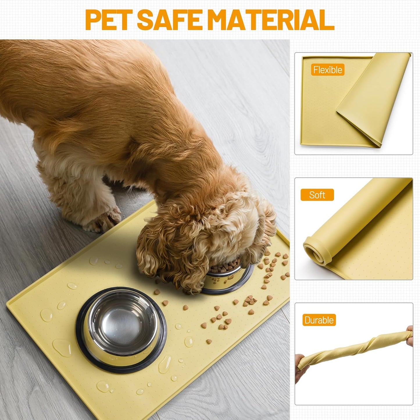 Hubulk Dog Feeding Mat,100% Waterproof Food Grade Silicone Pet Food and Water Bowl Placemat,Dishwasher, High Raised Edge to Prevent Spills,Nonslip Tray to Stop Messes on Floor(28"x18"x0.8", Yellow)