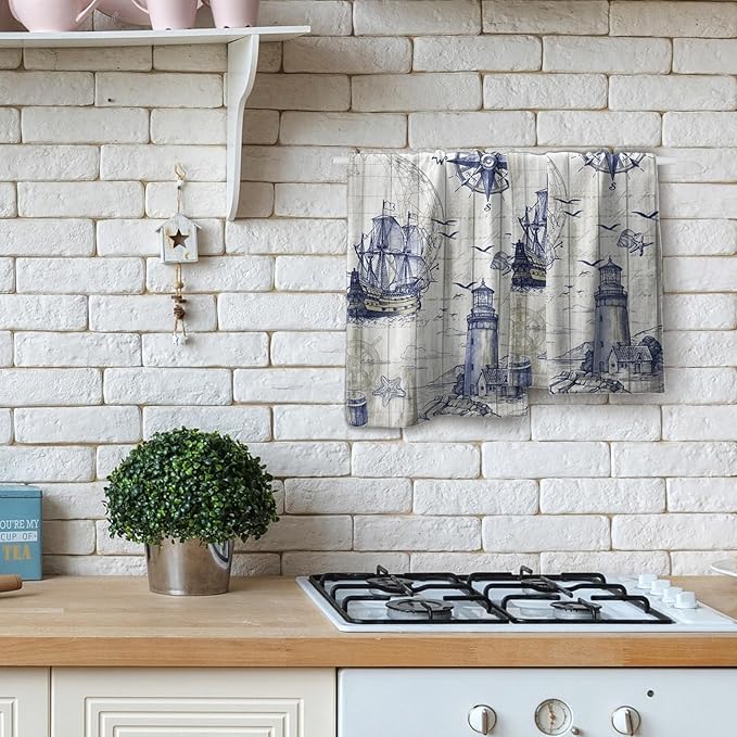 Giwawa Nautical Lighthouse Hand Towels Set of 2 Sailboat Anchor Decorative Bath Towels Kitchen Dishcloth Soft Face Towel for Home Gym Hotel Spa