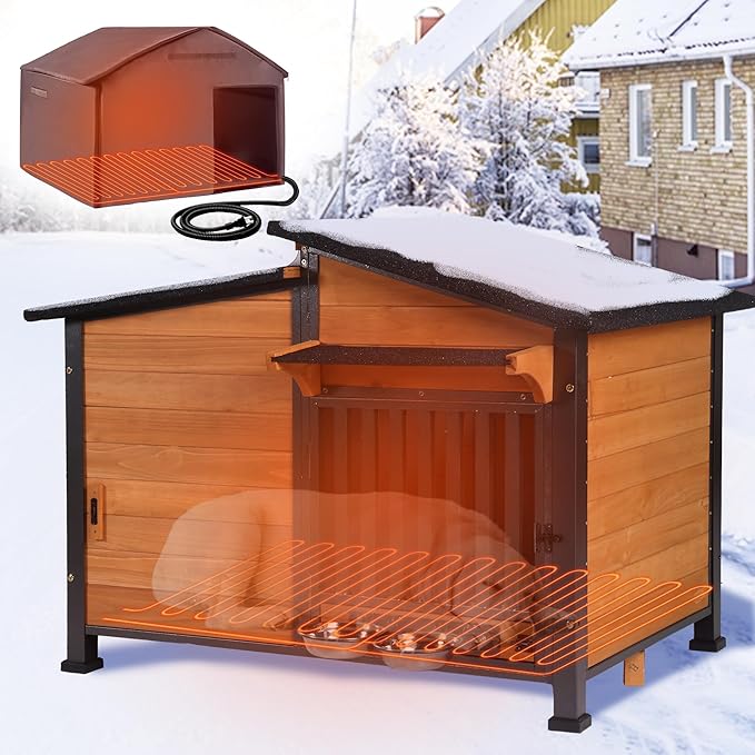 GUTINNEEN Heated Dog House Outdoor with Electric Heating Pad, Insulated Wooden Dog Kennel with 360Β° Rotating Feeding Bowl, Anti-Chewing Metal Frame, Natural Wood Color