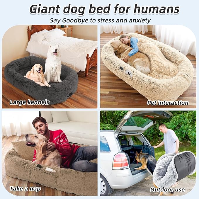 Human Dog Bed, Large Dog Beds for Humans Size Fits You and Pets, Washable Faux Fur Orthopedic Human Pet Bed for People Doze Off, Napping, Present Pillow, Blanket, Strap - Khaki