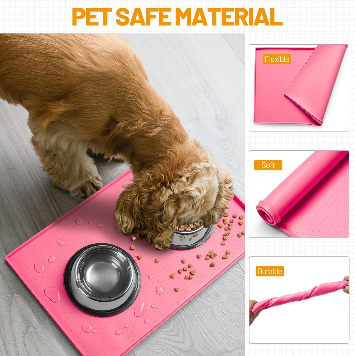 Hubulk Dog Feeding Mat,100% Waterproof Food Grade Silicone Pet Food and Water Bowl Placemat,Dishwasher, High Raised Edge to Prevent Spills,Nonslip Tray to Stop Messes on Floor(28"x18"x0.8", Pink)