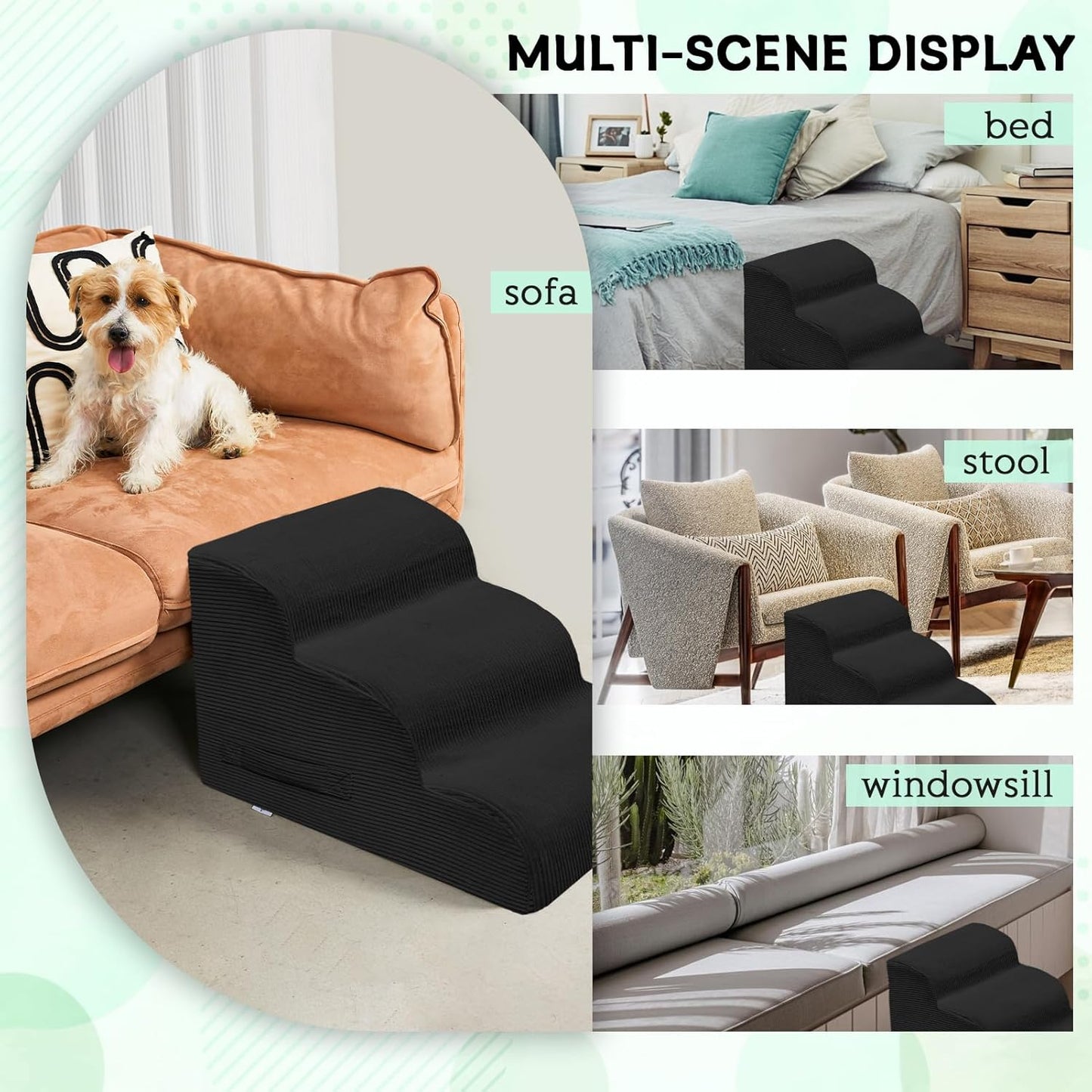 Dog Steps for Small Dogs, 3-Step Pet Ramp Stairs for High Beds and Sofa, Non-Slip Pet Stairs for Small Dogs and Cats, Removable and Easy to Clean Cover, Black