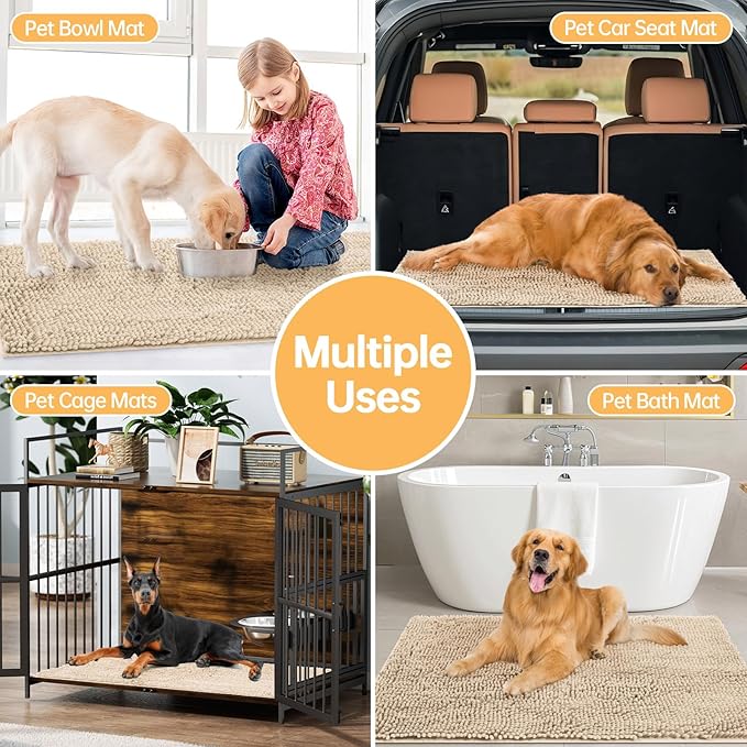 Absorbent Dog Door Mat for Muddy Paws, 60" x 36" Chenille Indoor Mats for Entryway, Trap Dirt Front Door Mat Indoor Entrance Washable Non Slip Soft Beige