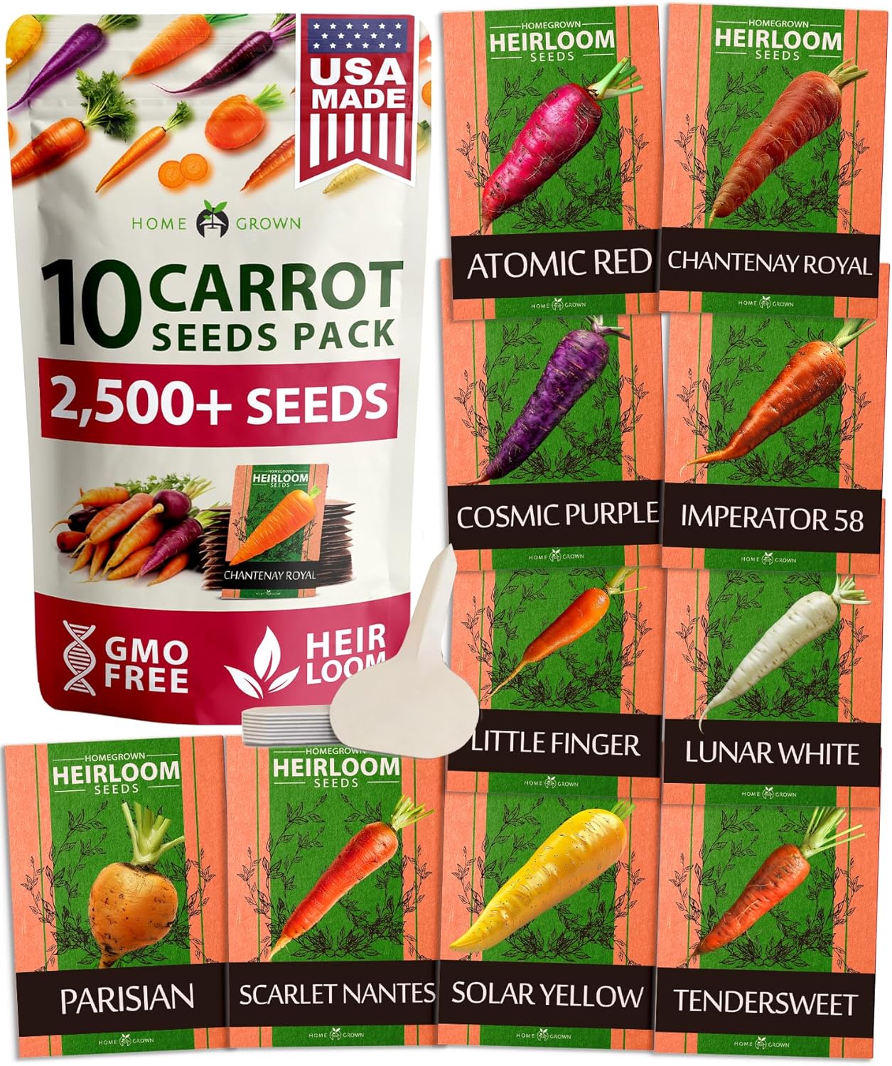 HOME GROWN π¨π¦π π£π₯ππ ππ¨π  Rainbow Carrot Seeds β 2500+ Heirloom Seeds (10 Varieties) β High Germination, π‘π’π‘-ππ π’ Vegetable Seeds for Planting Indoors or Outdoor Home Garden