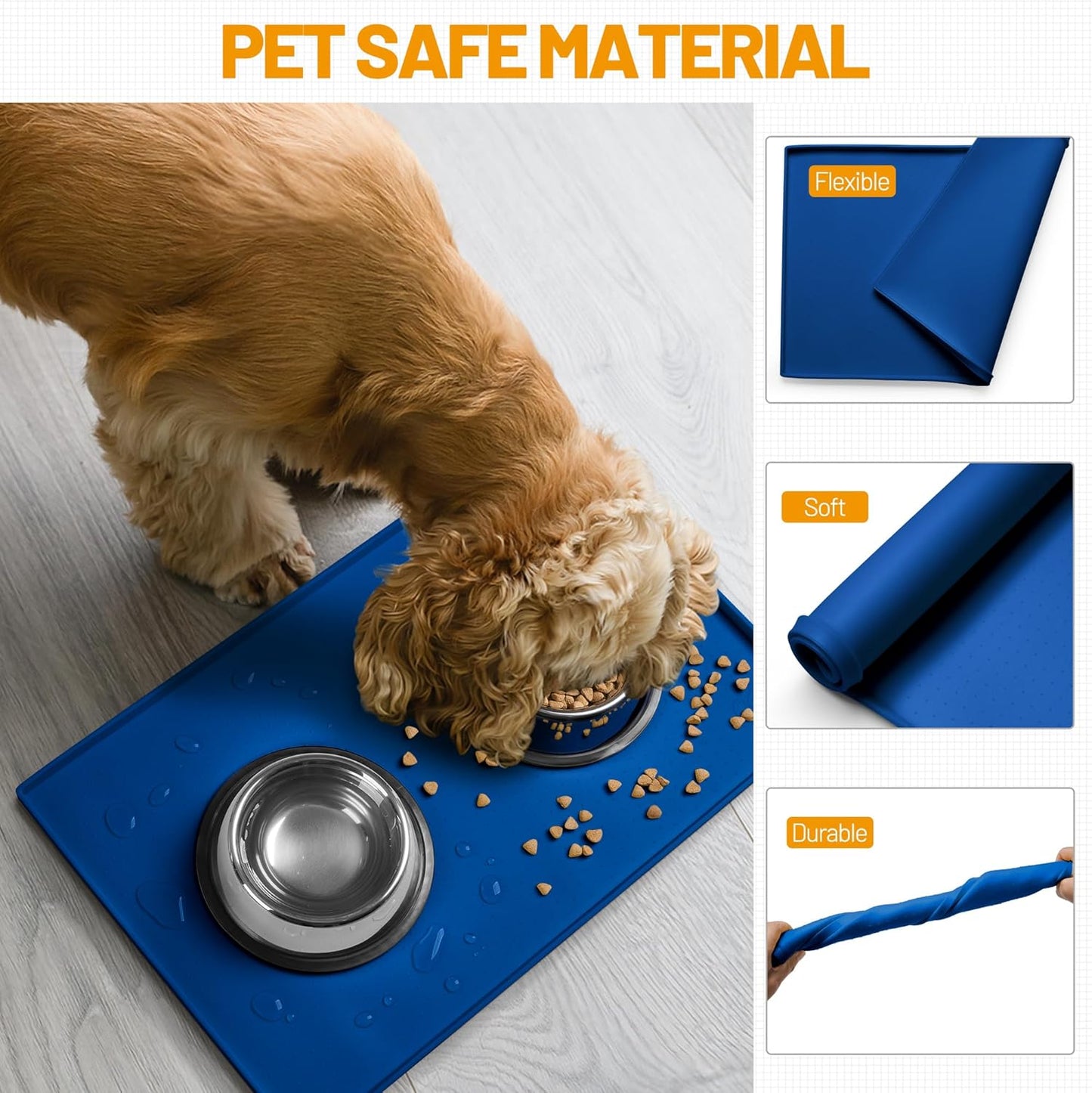 Hubulk Dog Feeding Mat,100% Waterproof Food Grade Silicone Pet Food and Water Bowl Placemat,Dishwasher, High Raised Edge to Prevent Spills,Nonslip Tray to Stop Messes on Floor(28"x18"x0.8", Navy)