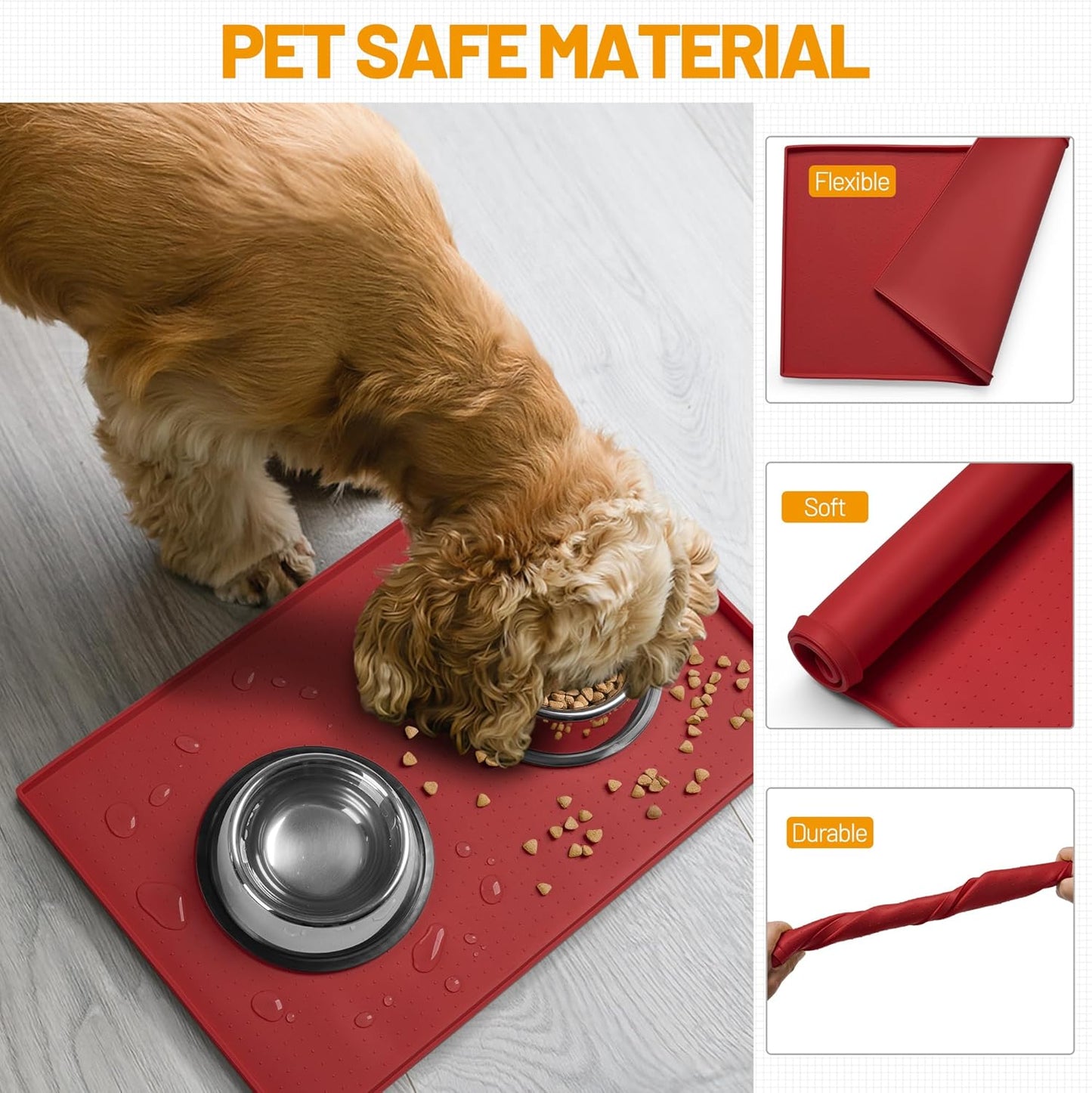 Hubulk Dog Feeding Mat,100% Waterproof Food Grade Silicone Pet Food and Water Bowl Placemat,Dishwasher, High Raised Edge to Prevent Spills,Nonslip Tray to Stop Messes on Floor(28"x18"x0.8", Red)