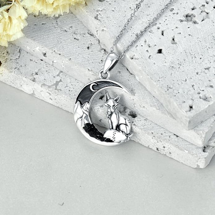 Gothic Jewelry Bat/Cat/Wolf/Dragon/Owl/Fox/Spider/Sun Pendant Sterling Silver Crescent Moon Necklace for Women Girls Black Jewelry Gifts