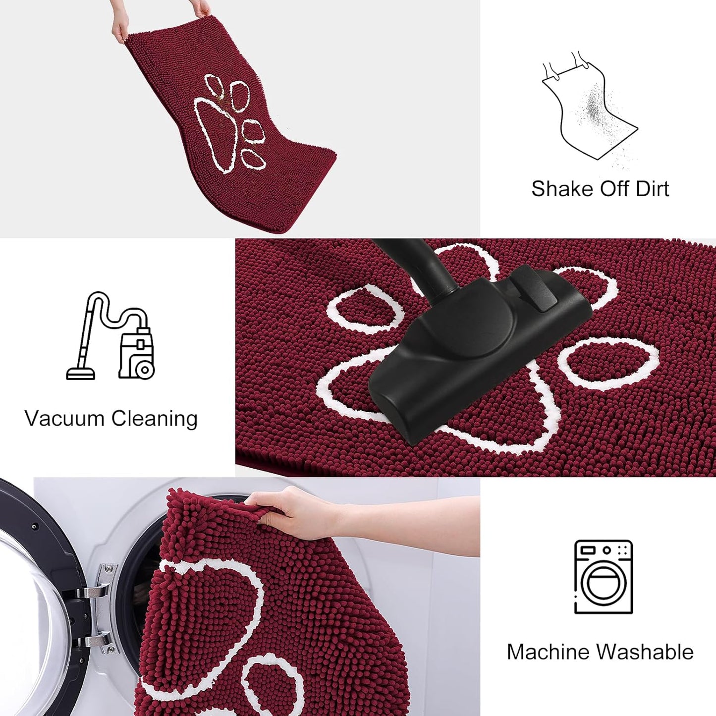 Smiry Dog Door Mat for Muddy Paws, Absorbent Dirt Trapper Non Slip Quick Dry Washable Chenille Mat for Mud Dogs, Entry Rug for Indoor and Outdoor (36x24 Inches, Burgundy)