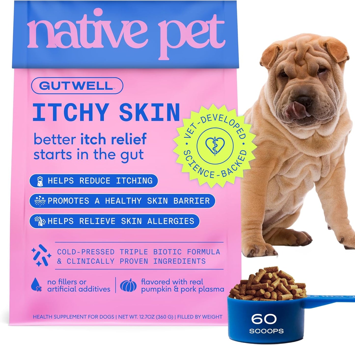 GutWell Itchy Skin - Dog Itching Skin Relief & Seasonal Allergy Itch Relief for Dogs - Promotes Skin Hydration, Elasticity & Healthy Barrier with Triple-biotic Blend, Zinc, & Vitamin E - 60 Scoops