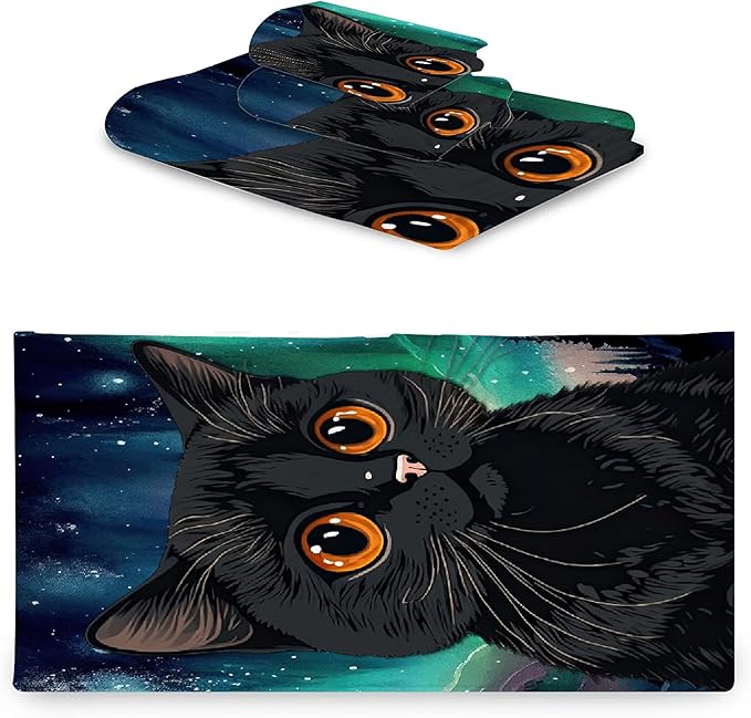Gaming 3 Piece Towel Bathroom Sets, 1 Bath Towel, 1 Washcloth, 1 Hand Towel, Cotton Fast Dry Soft Absorbent Towel Set for Home Kitchen Family (Black Cat Watercolor)