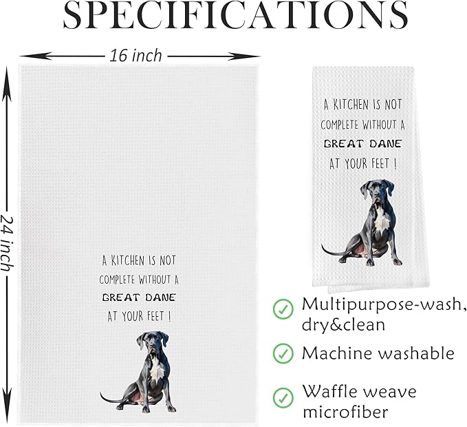 Great Dane Dish Towels Set - Funny Great Dane Decorative Waffle Kitchen Towels, Hand Towel, Tea Towel (16×24 Inches, Set of 2)