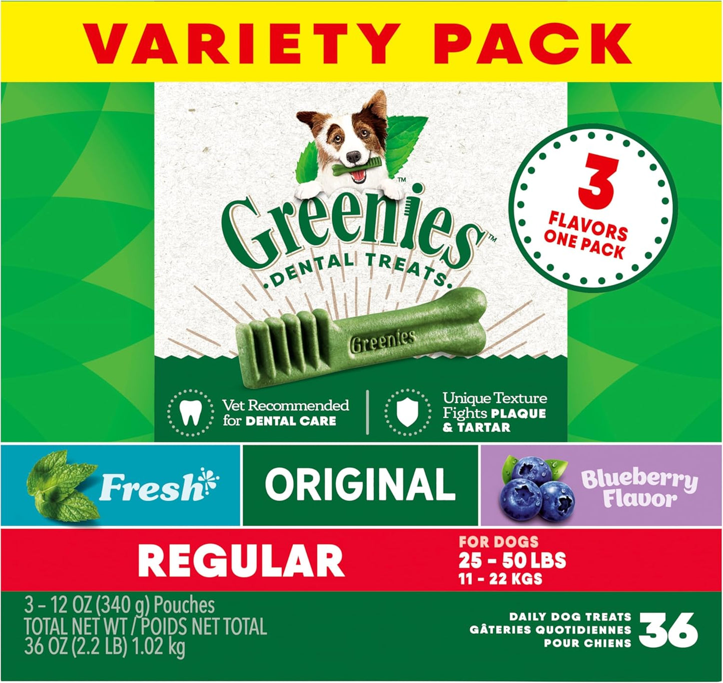 Greenies Regular Dental Dog Treats, 3-Flavor Variety Pack, (3) 12 oz. Pouches, 36 Total Treats