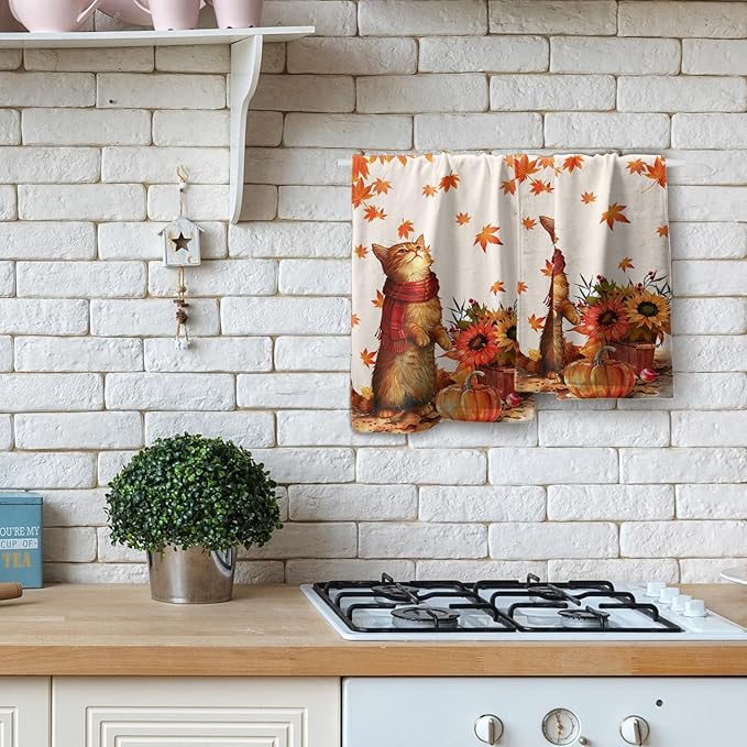 Giwawa Fall Cat Hand Towels Maple Leaves Kitchen Dish Towel Set of 2 Soft Fingertip Small Bath Towel Washcloths Decor for Hotel Spa Gym Sport