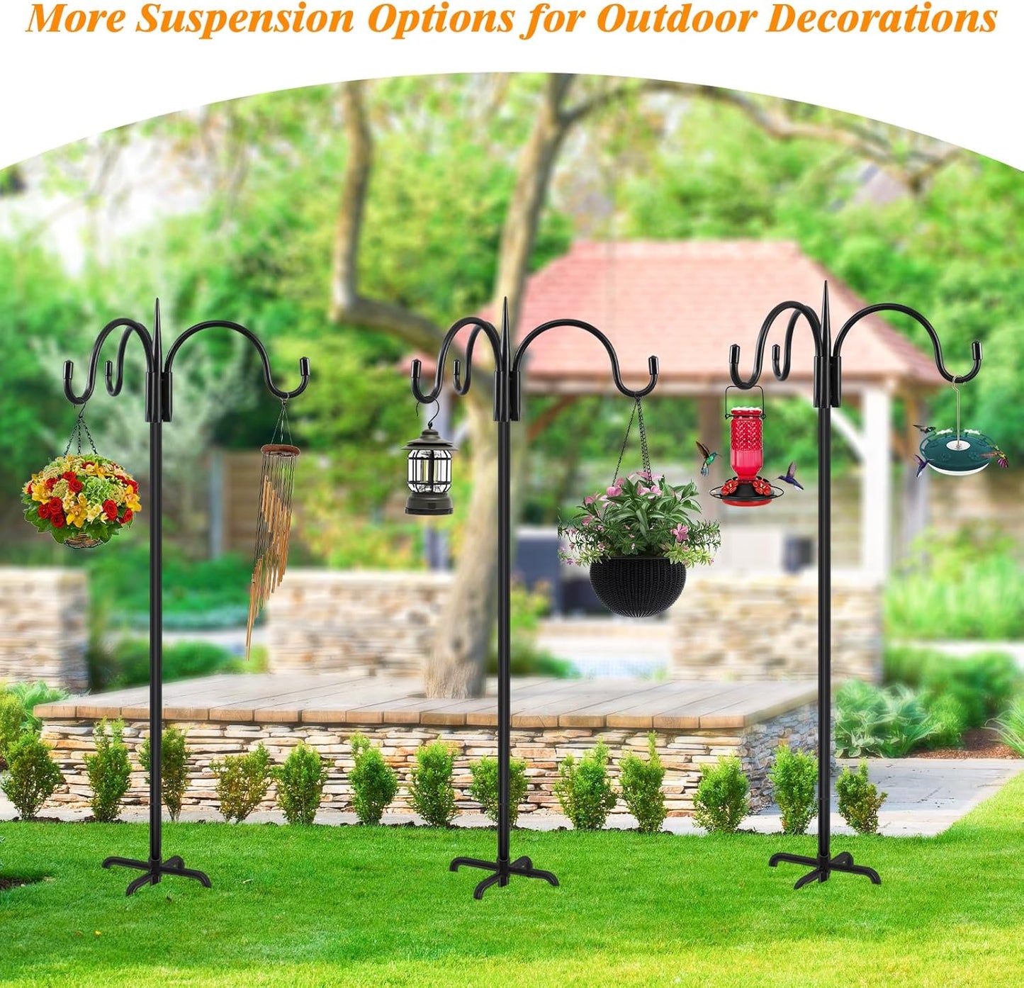 FEED GARDEN [Upgrade Version 76 Inch Three Shepherd Hooks for Outdoor,Bird Feeder Pole with 5 Prong Base, Adjustable Shepard Hooks for Hanging Plant, Solar Lanterns, Wind Chimes, 2 Pack